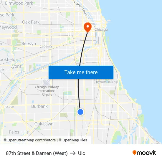 87th Street & Damen (West) to Uic map