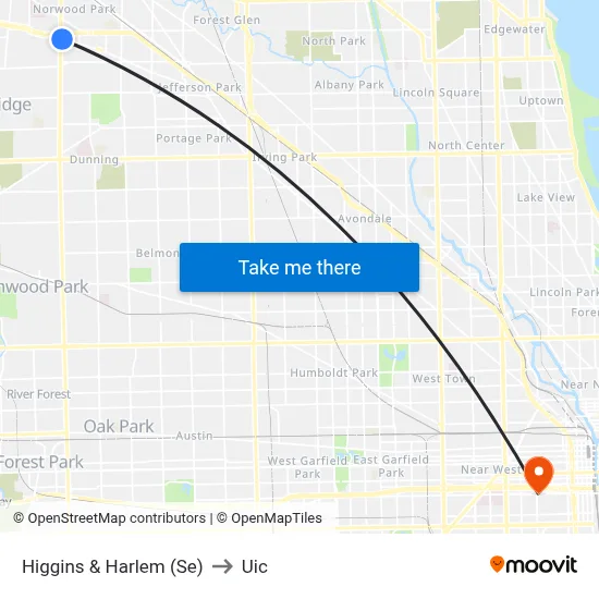 Higgins & Harlem (Se) to Uic map