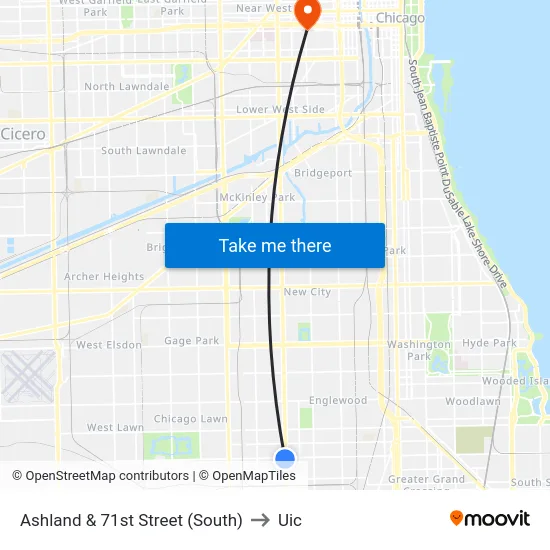 Ashland & 71st Street (South) to Uic map