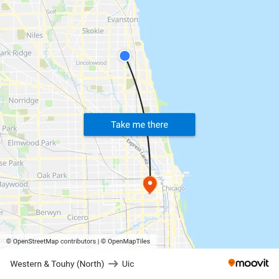 Western & Touhy (North) to Uic map