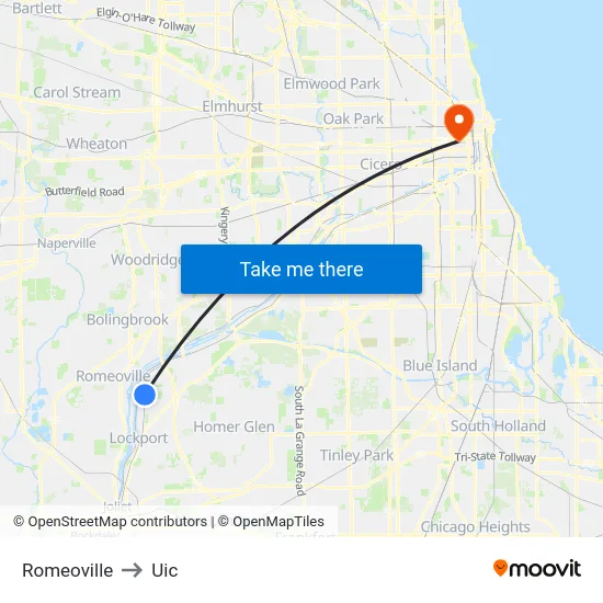 Romeoville to Uic map