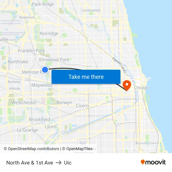 North Ave & 1st Ave to Uic map
