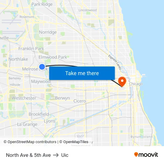 North Ave & 5th Ave to Uic map