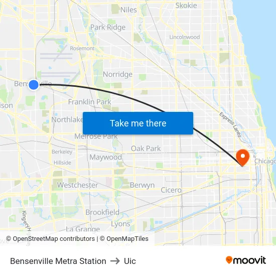Bensenville Metra Station to Uic map