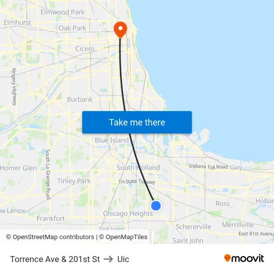 Torrence Ave & 201st St to Uic map