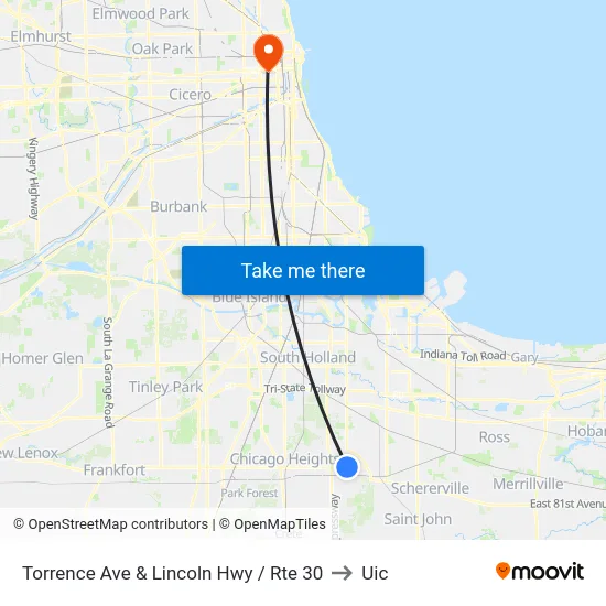 Torrence Ave & Lincoln Hwy / Rte 30 to Uic map