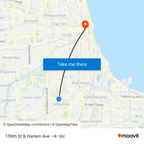 159th St & Harlem Ave to Uic map
