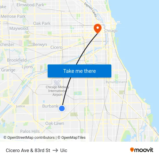Cicero Ave & 83rd St to Uic map