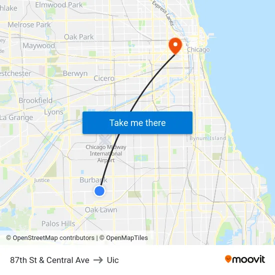 87th St & Central Ave to Uic map