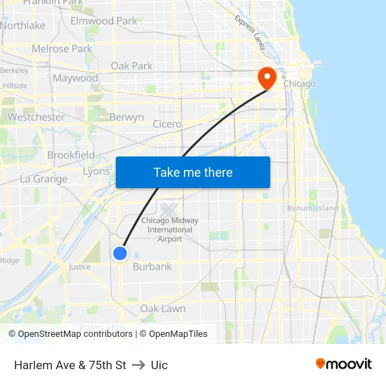 Harlem Ave & 75th St to Uic map
