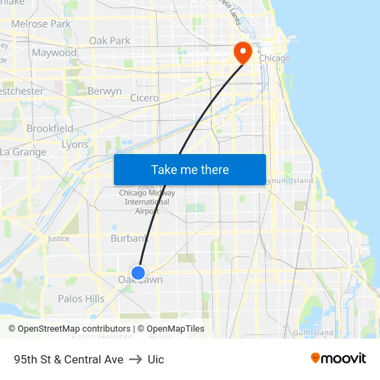 95th St & Central Ave to Uic map