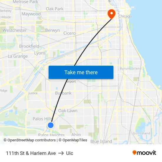 111th St & Harlem Ave to Uic map