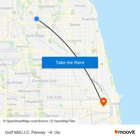 Golf Mill/J.C. Penney to Uic map