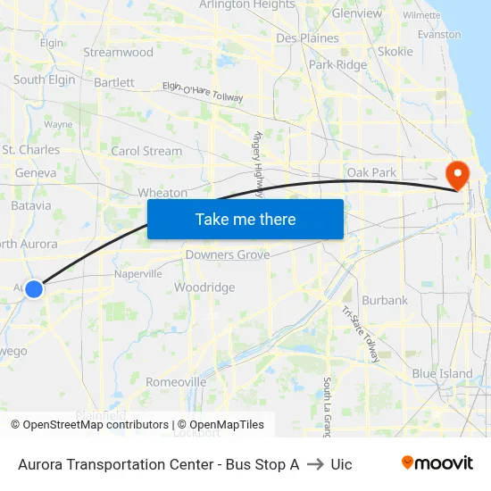 Aurora Transportation Center - Bus Stop A to Uic map