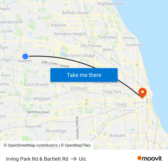Irving Park Rd & Bartlett Rd to Uic map