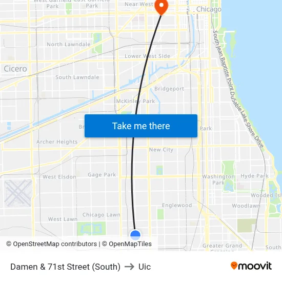 Damen & 71st Street (South) to Uic map