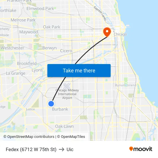 Fedex (6712 W 75th St) to Uic map