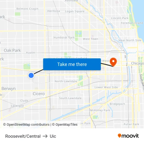Roosevelt/Central to Uic map