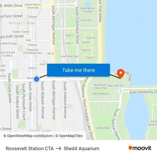 Roosevelt Station CTA to Shedd Aquarium map