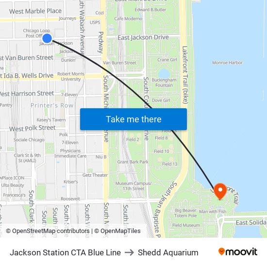 Jackson Station CTA Blue Line to Shedd Aquarium map