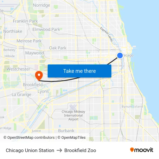 Chicago Union Station to Brookfield Zoo map