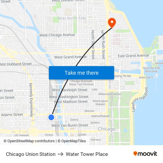 Chicago Union Station to Water Tower Place map