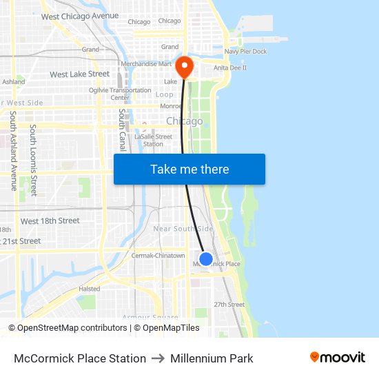 McCormick Place Station to Millennium Park map