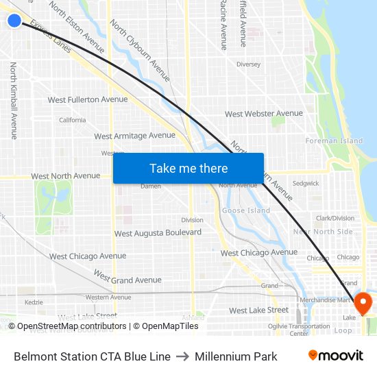 Belmont Station CTA Blue Line to Millennium Park map