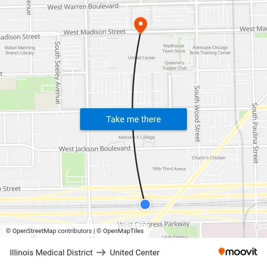 Illinois Medical District to United Center map