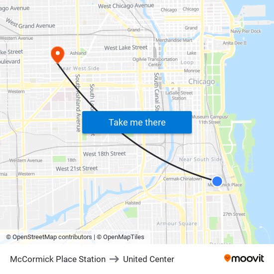 McCormick Place Station to United Center map