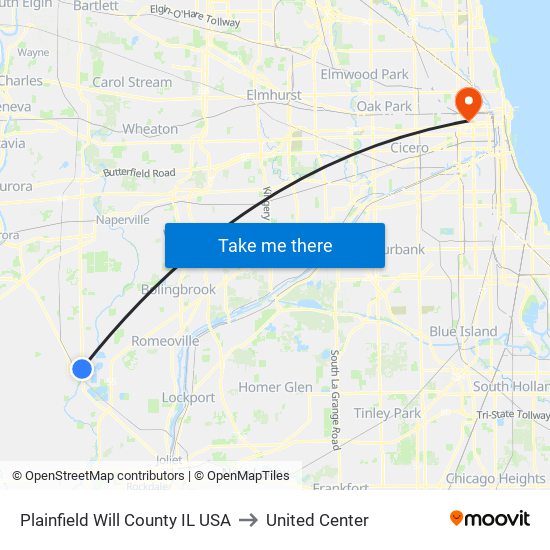 Plainfield Will County IL USA to United Center map