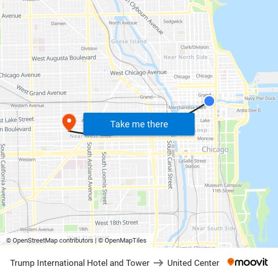 Trump International Hotel and Tower to United Center map