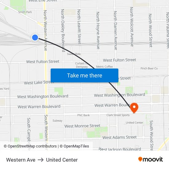 Western Ave to United Center map