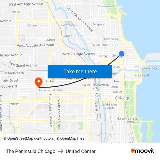 The Peninsula Chicago to United Center map