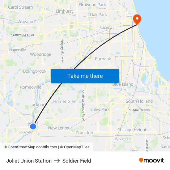 Joliet Union Station to Soldier Field map