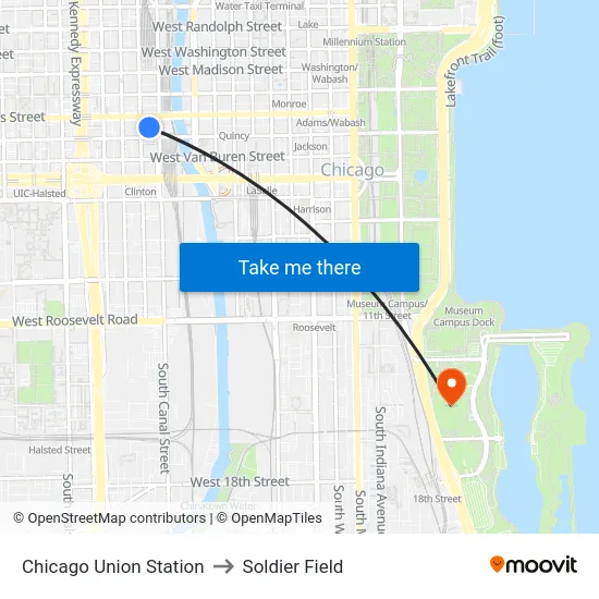 Chicago Union Station to Soldier Field map