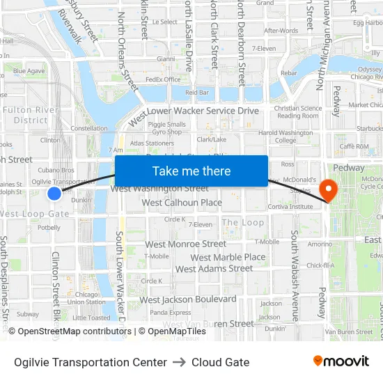 Ogilvie Transportation Center to Cloud Gate map
