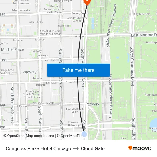 Congress Plaza Hotel Chicago to Cloud Gate map