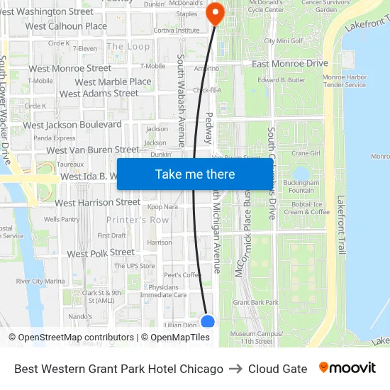 Best Western Grant Park Hotel Chicago to Cloud Gate map