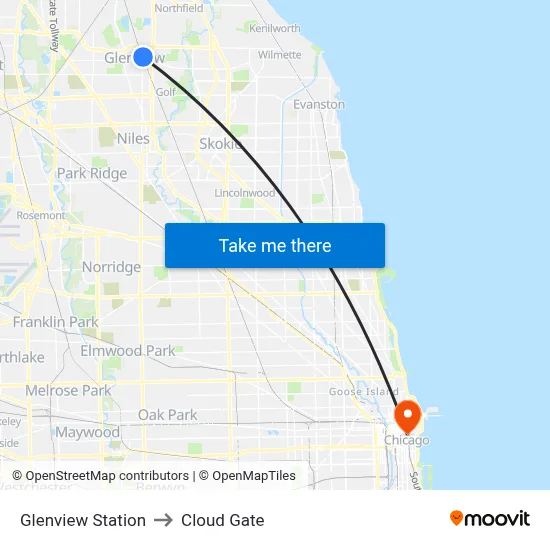 Glenview Station to Cloud Gate map