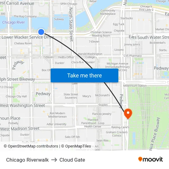 Chicago Riverwalk to Cloud Gate map
