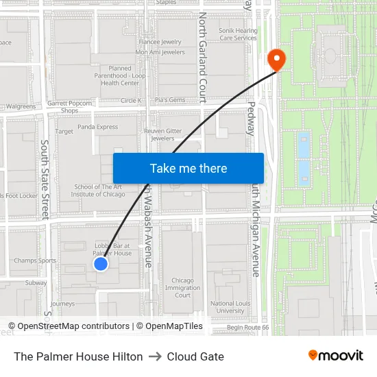 The Palmer House Hilton to Cloud Gate map