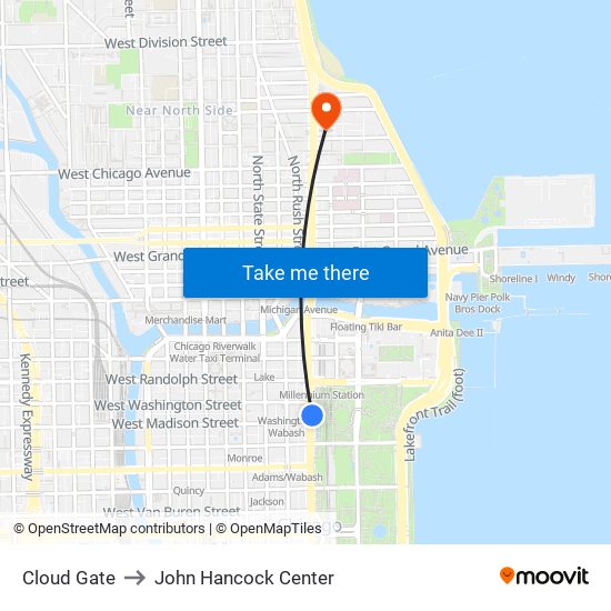 Cloud Gate to John Hancock Center map