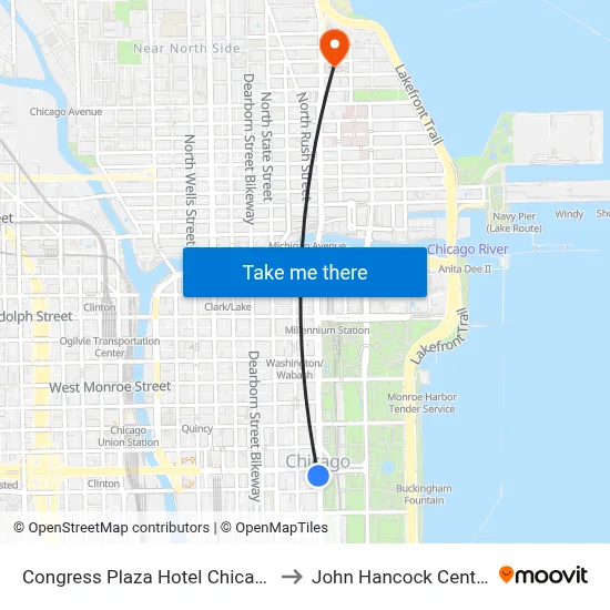 Congress Plaza Hotel Chicago to John Hancock Center map