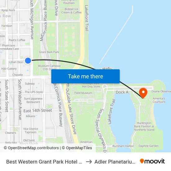 Best Western Grant Park Hotel Chicago to Adler Planetarium Lot map