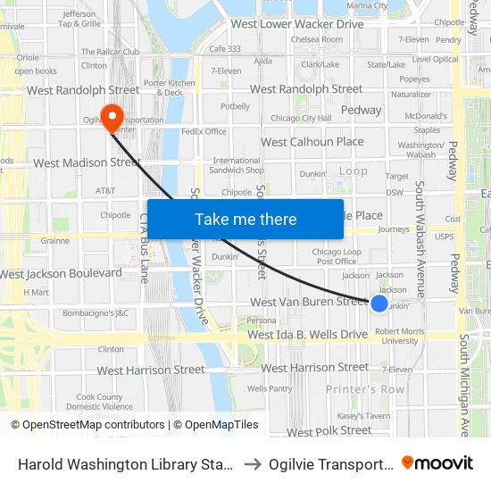 Harold Washington Library State Van Buren Station to Ogilvie Transportation Center map