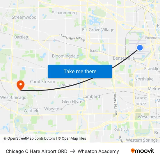 Chicago O Hare Airport ORD to Wheaton Academy map
