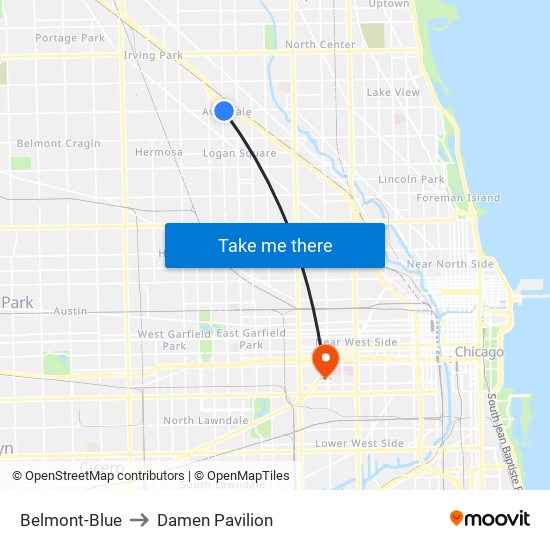 Belmont-Blue to Damen Pavilion map