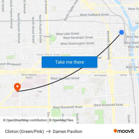 Clinton (Green/Pink) to Damen Pavilion map