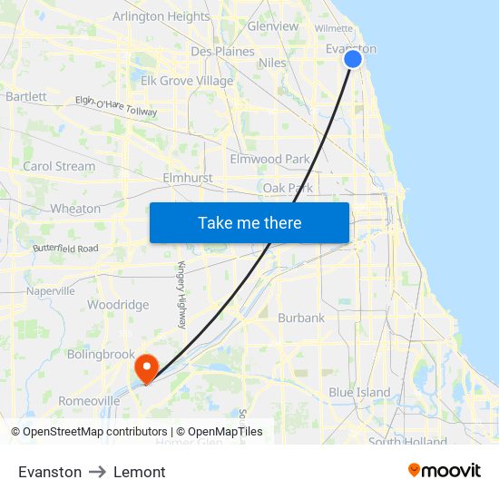 Evanston to Lemont map